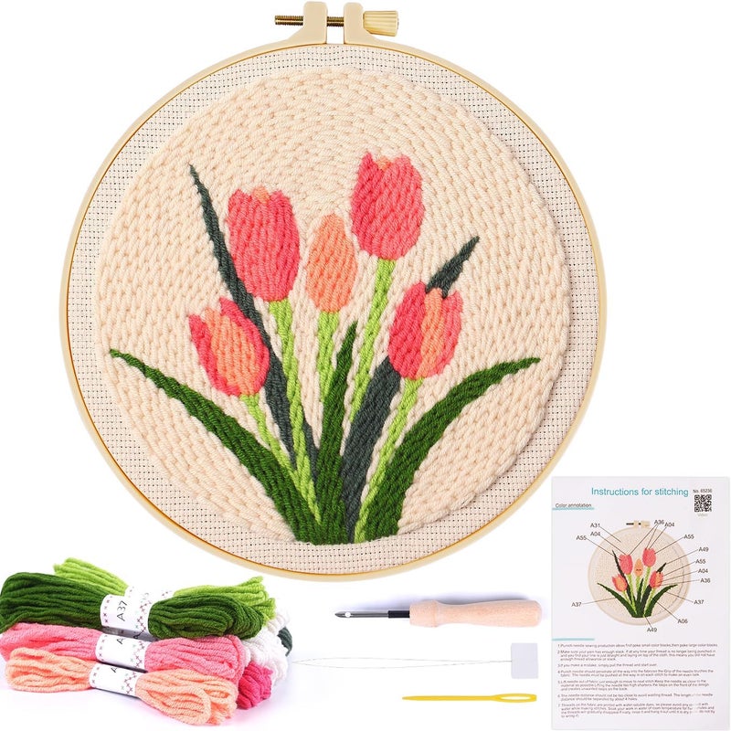 KESTAR Punch Needle Embroidery Starter Kits, Pink Tulip Flower Punch Needle Kits for Adults Beginner, Needle Punch Kit Tool with Instruction Threader Fabric Yarns and Hoop - Image 1